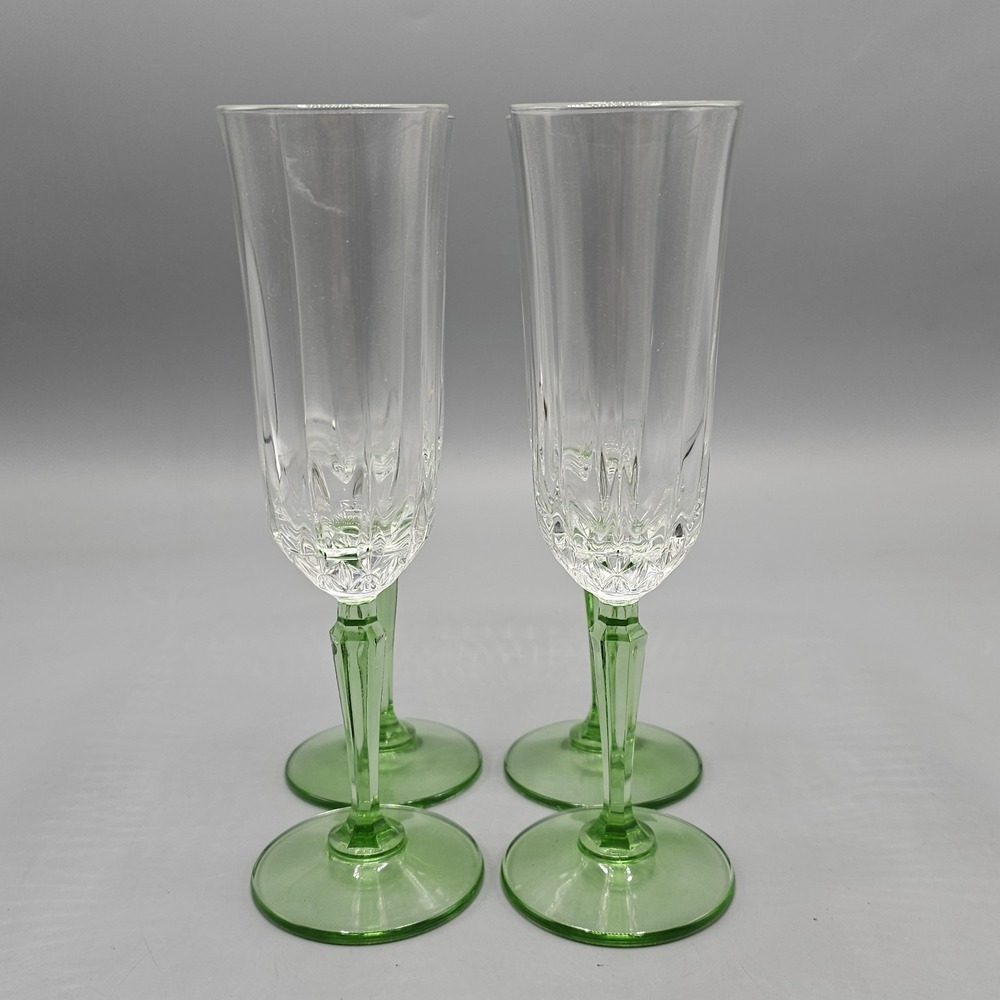 Vintage 90's St George Crystal Glendale Champagne Flutes Set Of 4 Green Stem